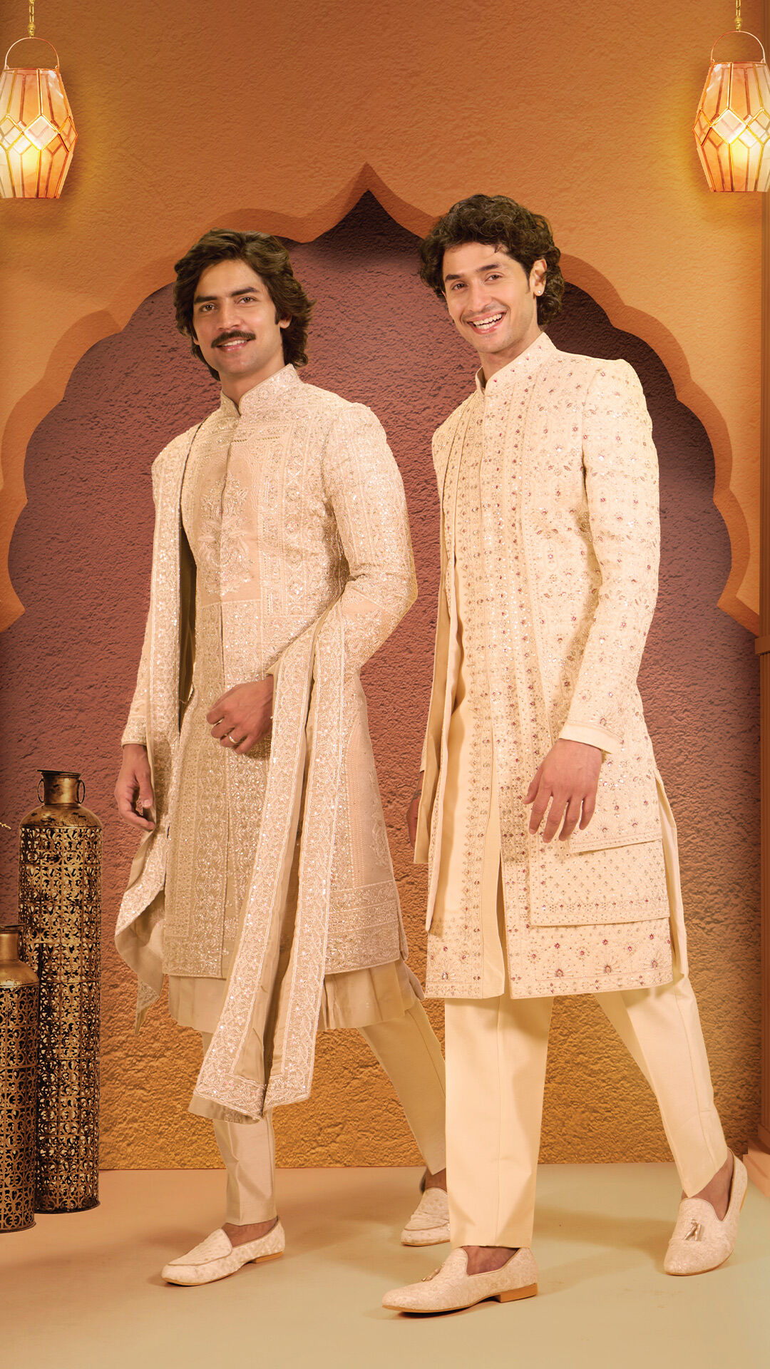 Men wearing traditional sherwanis and flaunting their stylish hairstyle